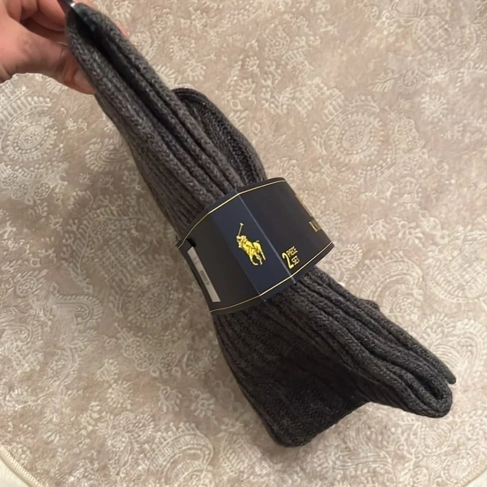 Brand New Polo Ralph Lauren 2-Piece Knit Beanie Hat & Scarf Set Gray Wool Pony